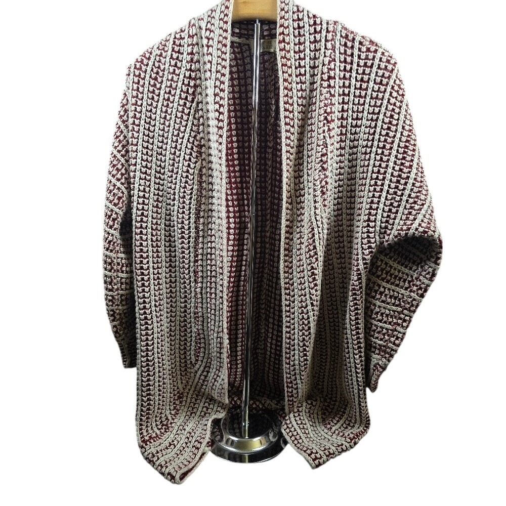 Pink‎ Rose Women Burgundy Cream Chunky Knit Open Front Cardigan Sweater